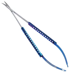 Angled Castroviejo curved tissue scissors with tungsten carbide inserts